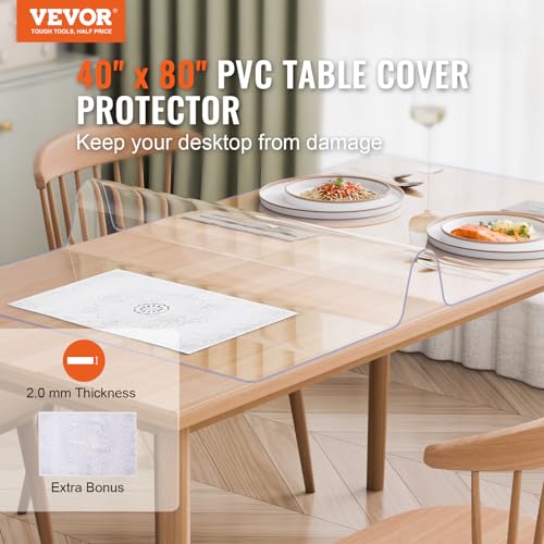 VEVOR Plastic Table Cover, 40 x 80 Inch 2.0 mm Thick Rectangle Clear PVC Mat Protector, Waterproof & Easy Cleaning Desk Pad Tablecloth, for Office, Dresser, Dining Room, Night Stand - size: 80" x 40" (Rectangular)