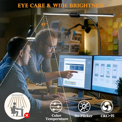 LED Desk Lamp for Home Office, Double Head Computer Monitor Light with Clamp, 5 Color Modes and 3 Brightness Levels, Long Flexible Goose-Neck, USB Eye-Caring Clip on Lights for Reading, Black - style: Double Tubes Lamp