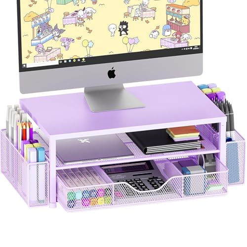 OPNICE Desk Organizer and Accessories, 2-Tier Computer Monitor Stand Riser with Drawer and 2 Pen Holders, Laptop Stand, Office Desk Accessories for Office Supplies, Purple - color: Purple 1-Pack, size: 18" x 9.1" x 5.6"
