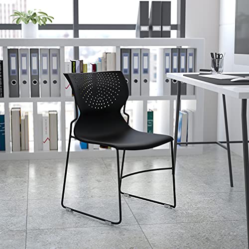 EMMA + OLIVER Home and Office Black Full Back Stack Chair with Black Frame | Powder Coated, 661 LBS. Weight Capacity - color: Black