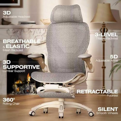 ELABEST X100 Ergonomic Mesh Office Chair with Footrest, Big and Tall Home Desk Chair with 5D Flip-Up Arms, Adjustable 3D Lumbar Support, Gaming & Executive Computer Chair (Foggy Morning) - color: Foggy Morning