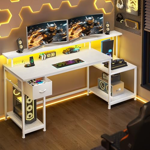 DurayLoly Office Desk with 55" Long Monitor Stand, 18" Ample Printer Space | Storage Drawer and File Shelves,Versatile RGB LED Lighting,Built-In USB Outlet,Sturdy Metal Frame,Bedroom Writing Desk,White - color: White