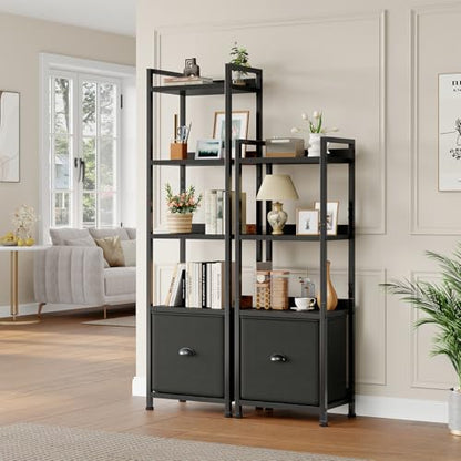 DUMOS 4 Tier Bookshelf with Fabric Drawer, Display Standing Shelf, Black - color: Modern Black, size: 4 Shelf with Fabric Drawer