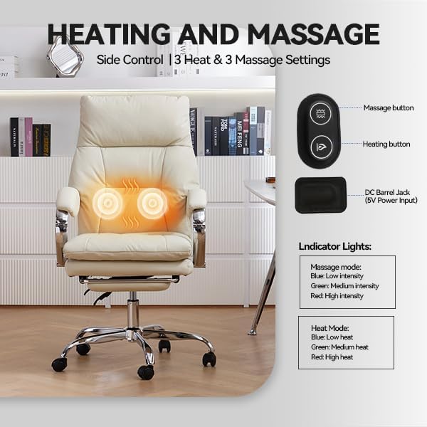 Massage Office Chair with Foot Rest Ergonomic Heated Desk Chairs | High Back PU Leather Massage Recliner with Lumbar Support 155° Reclining Swivel Wheels Computer Chairs for Home Office, White - color: Whtie