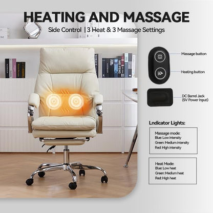 Massage Office Chair with Foot Rest Ergonomic Heated Desk Chairs | High Back PU Leather Massage Recliner with Lumbar Support 155° Reclining Swivel Wheels Computer Chairs for Home Office, White - color: Whtie