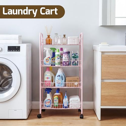 PLKOW 4-Tier Rolling Utility Cart with Detachable Baskets, Pink - color: Pink