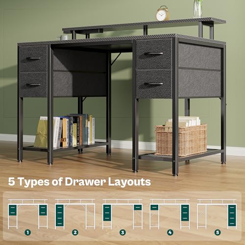 Huuger 47 inch Computer Desk with Power Outlets & 4 Drawers - color: Carbon Fiber Black, size: 47 Inch