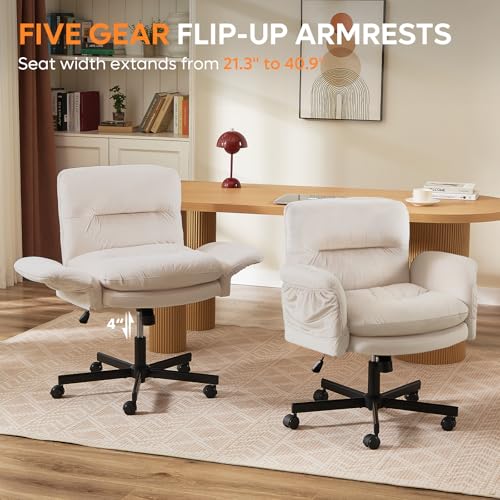 Bestier Criss Cross Office Chair with Flip-Up Arms, Beige Velvet Desk Chair | Swivel Makeup Vanity Chair with Wheels 2 Side Pockets, Cross Legged Office Chair for Home Office Bedroom Gaming - color: Beige Velvet, size: Low Back