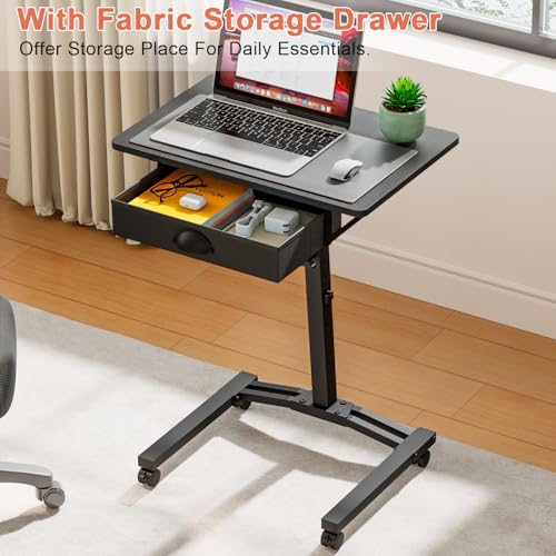 Rolling Adjustable Height Standing Desk With Drawers, Small Mobile Laptop Desk Cart On Wheels For Small Spaces Home Office, Portable Sitting Laptop Table For Bed Couch Load Up To 60LBS, Sturdy, Black - color: Black