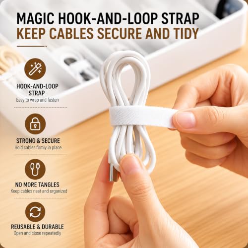 Cable Storage Box with Cable Straps and 6 Magnetic Cable Clips | With 6 Removable Dividers, 7 Cable Ties & 6 Magnetic Clips, Ideal for Chargers, USB Cables & Office Supplies