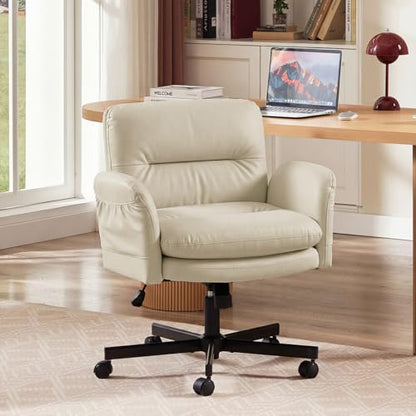 Bestier Criss Cross Chair with Flip-Up Arms, Comfy Wide Vanity Chair | Scratch-Resistant Pu Leather Computer Office Desk Chairs with Wheels 2 Side Pockets for Home Makeup Bedroom, Beige - color: Beige Pu Leather, size: Low Back