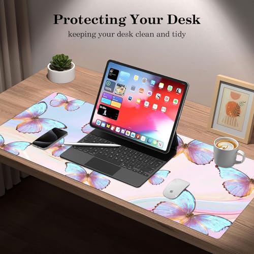 Butterfly Desk Pad Protector, Stitched Edges Mouse Pad, Large Office Mat, Non-Slip Blotter, Laptop Pad, Writing Pad for Office and Home (31.5" x 15.7") - color: A02-dreamy Butterfly