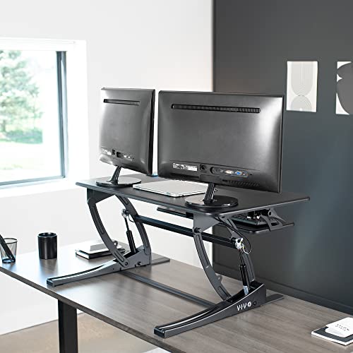 VIVO 36 inch Height Adjustable Stand Up Desk Converter, V Series, Quick Sit to Stand Tabletop Dual Monitor Riser Workstation, Black, DESK-V000V | Height Adjustable, Stand Up Desk Riser, Wide Keyboard Tray, Dual Monitor and Laptop Workstation, Black Frame,