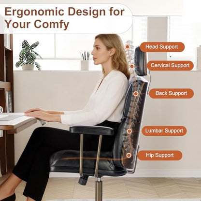 Mid-Century Modern Ergonomic Office Chair, High Back Headrest, Black | Faux Leather Executive Desk Chair, Walnut Bentwood & Adjustable Headrest, Swivel Computer Chair for Home Office, 300LBS Cap - color: Black, size: High Back Style