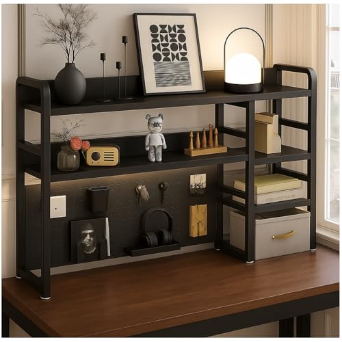Desktop Bookshelf, pegboard Storage and Organization Rack, Dorm Desk Shelf, Desk Hutch, Desktop Storage for Office, Study, Student Display Rack,Desktop Shelves (Black 53.1" Lx9.9 Wx37 H) - color: Black, size: 53.2"Lx9.9"Wx37"H
