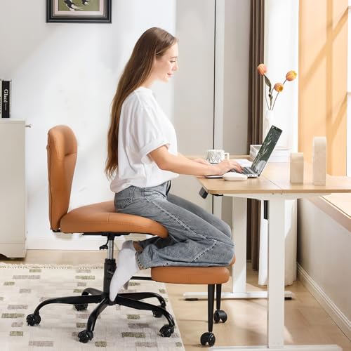 YFO Ergonomic Cross Legged Office Chair and ADHD Meditation Chair with Silent Wheels for Home Office Desk Chair and Yoga, Wider Backrest Support and Storage Pockets Design, PU Leather, Orange - color: Pu-orange