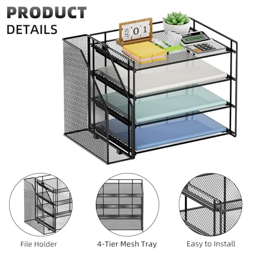 Marbrasse 4-Tier Paper Tray Organizer with File Holder, Black | Sturdy Paper Tray, Built-in File Holder, fits Letters/Docs, Saves Desk Space, for School/Office/Home - color: Black