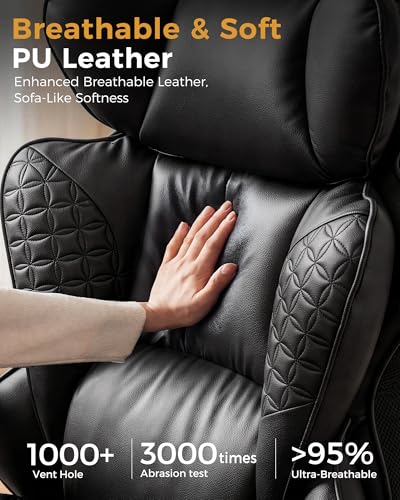 COMHOMA Big and Tall Office Chair Heavy Duty Gaming Chair with Deluxe Embossing Leather High Back Wider Ergonomic Computer Chair with Foot Rest 145°Reclining Pocket Spring Lumbar Support - color: Pure Black