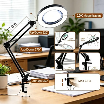 10X Magnifying Glass with Light and Clamp, Magnifier with Light Hands Free3 Color Modes Stepless Dimmable, 72 LEDs Real Glass Lens Magnifying Lamp for Close Work, Repair, Reading, Craft - color: Black