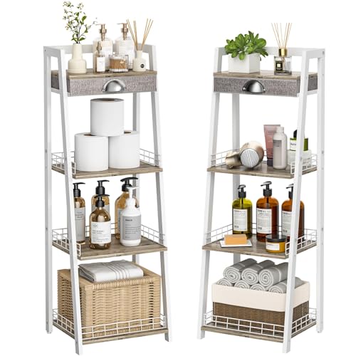 keomaisyto 4-Tier Elegant Ladder Shelf, Bathroom Storage Shelf, Ladder Bookshelf with Drawer, Freestanding Storage Shelves for Bathroom Living Room Study Office, White - color: White, size: 4-Tier Regular with Drawer
