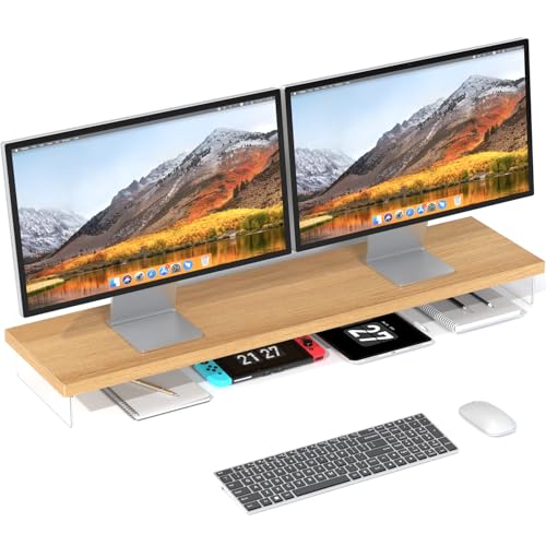 Dual Monitor Stand Riser, 40x10 in Wood & Acrylic Desktop Organizer Shelf | Computer Monitor Stand Riser With Wood & Acrylic Design; Fits 2 Monitors, Laptop, Printer And Desk Supplies For Office Use. - color: Elmwood, size: 40*10 Inch