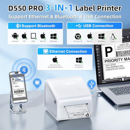 Bluetooth Thermal Label Printer 4x6, Wireless Thermal Labels Printers for Small Business, D550 Pro White Ethernet Shipping Label Printer, Support Bluetooth/Ethernet/USB - color: White