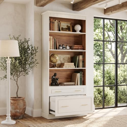 LITTLE TREE 72" Tall White Bookcase, 5-Tier Office Bookself with File Cabinet Drawers,Modern Floor Standing Storage Filing Cabinet Book Shelf for Living Room,Bedroom(2 Piece,White) - color: White