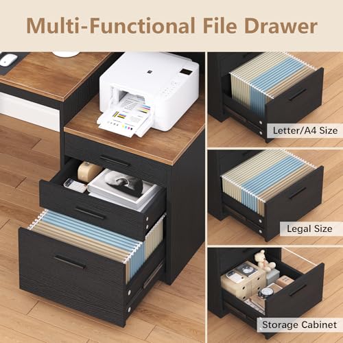 YOMILUVE Computer Desk with 3 Drawers & Storage Shelves, 65 Inch Home Office Desk with File Drawer & Cabinet, Writing Study Desks with Monitor Stand & Printer Shelf, Executive Desk, Brown and Black - color: Brown and Black