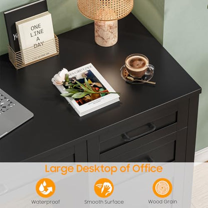 Vabches Farmhouse 47" Computer Desk with 4 Drawers, Pure Black | Executive Desk with File Drawer and Charging Station, Workstation for Home Office, Study - color: Pure Black Without Charging Station