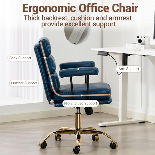 Faux Leather Home Office Desk Chair, Ergonomic Executive Computer Chair with Gold Base, Padded Seat and Armrests, Adjustable Height Swivel Makeup Vanity Chair with Wheels, Blue - color: Blue