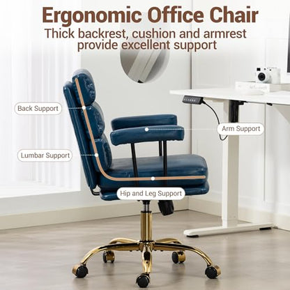 Faux Leather Home Office Desk Chair, Ergonomic Executive Computer Chair with Gold Base, Padded Seat and Armrests, Adjustable Height Swivel Makeup Vanity Chair with Wheels, Blue - color: Blue