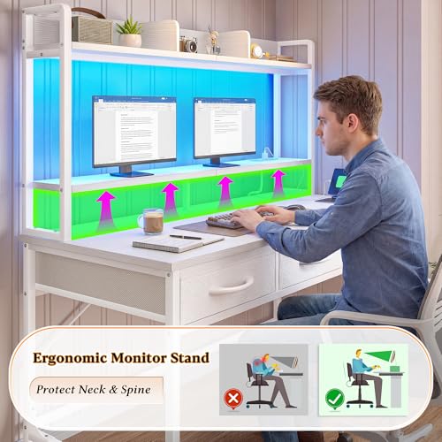 DurayLoly Computer Desk with Monitor Stand, LED Lights,Power Outlet - color: White, size: 18.9"D x 39.4"W x 61.1"H