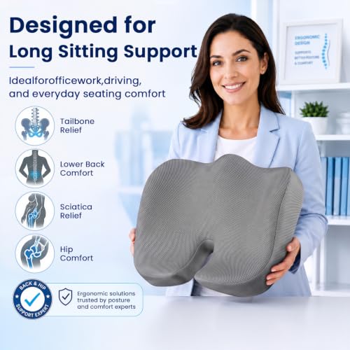 Seat Cushion, XL Large Memory Foam Cushion for /Office Chair/Car/Wheelchair - color: Grey