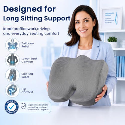Seat Cushion, XL Large Memory Foam Cushion for /Office Chair/Car/Wheelchair - color: Grey