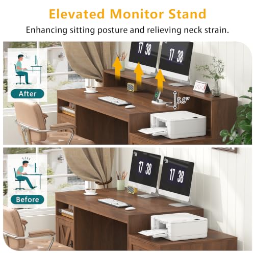 65" Farmhouse Computer Desk with Drawers and Printer Stand for Home Office - color: Brown
