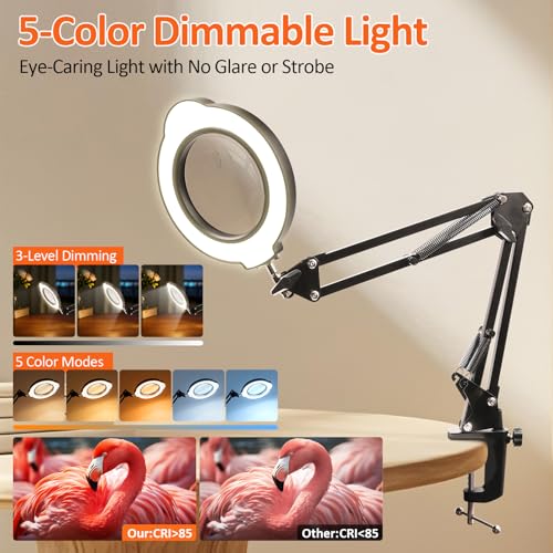 10X 30X Magnifying Glass with Light and Stand, Real Glass Lens Magnifying Lamp, Hands-Free LED Desk Magnifier with 5 Color Modes, 3 Brightness Levels for Crafts, Reading, Sewing, Electronics & Jewelry - color: Base & Clamp