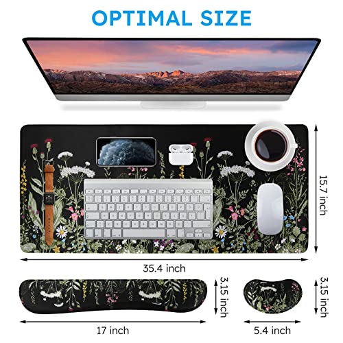 iCasso Floral Writing Pad 35.4"x15.7", Desk Protector for Workspace | Desk Mat with Ultra Thick and Keyboard Wrist Rest, Aesthetic Mouse Pad Set for School Home Workspace Computer Setup - color: 1-Weeds