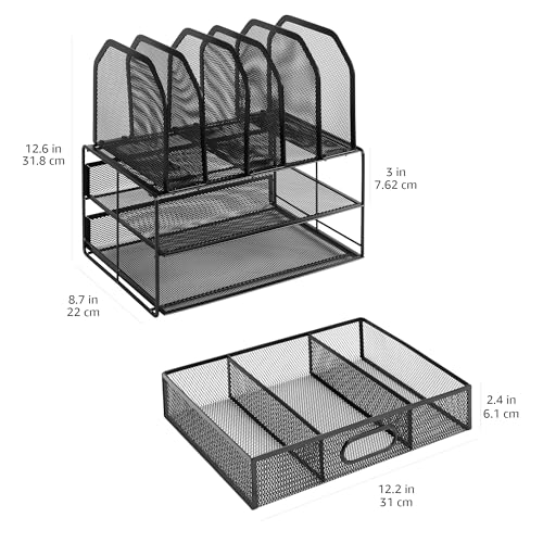 Amazon Basics Mesh Desk Organizer with Sliding Drawer, Double Tray and 5 Upright Sections, File Holder for Office Supplies, Paper Letter Tray, Black