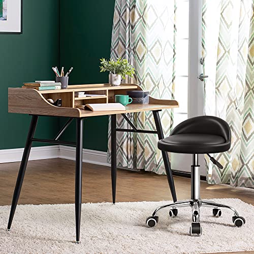KKTONER PU Leather Round Rolling Stool with Back Rest Height Adjustable Swivel Drafting Work SPA Task Chair with Wheels Black - color: Black