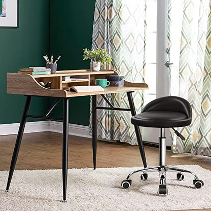KKTONER PU Leather Round Rolling Stool with Back Rest Height Adjustable Swivel Drafting Work SPA Task Chair with Wheels Black - color: Black