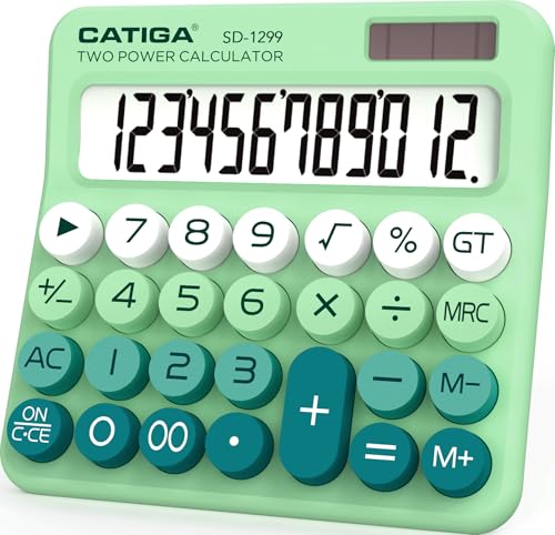 CATIGA Mechanical Switch Calculator with Solar and Battery Dual Power, 12-Digit Large LCD Display, Aesthetic and Cute Desktop Calculator with Big Button, for Home, School and Office Use, SD-1299 - color: Z) Mint Green