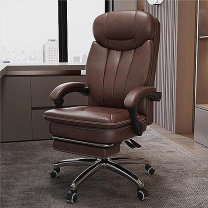 Ergonomic Office Chair - Adjustable Height Desk Chair with Lumbar Support and Retractable Footrest - High Back Chairs PU Leather Thick Seat Cushion, Head, and Arm Rests - Reclines - color: Brown