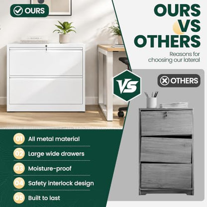 2 Drawer Lateral File Cabinet, Metal Filing Cabinet for Home Office, White | Heavy-Duty Steel Locking File Cabinet, Hanging Letter/Legal/A4 Size, Full-Extension Drawer, Assembly Required - color: White, size: 2 Drawers (35.43 in Width)