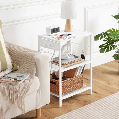 HOOBRO Industrial Printer Stand, 3-Tier Mobile Printer Table, Rolling Cart with Power Outlets and USB Ports, Home Printer Stand with 2 Hooks, for Office, Living Room, White WW22UPS01 - color: White