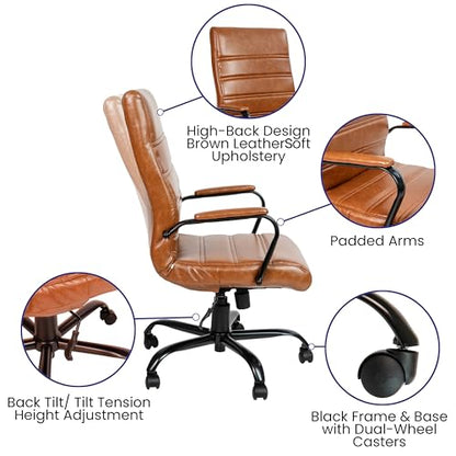 Flash Furniture LeatherSoft Executive Office Chair, Brown/Black | 360° Swivel, Height Adjustable, Commercial Grade - color: Brown Leathersoft/Black Frame