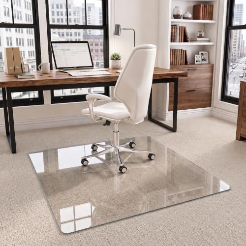 45"x45" Tempered Glass Office Chair Mat for Carpet & Hardwood Floor | 1/5" Thick Clear Floor Protector Desk Chair Mat with Rounded and Polished Edges, Resist Scratching, Cracking, Curling - size: 45"x45"