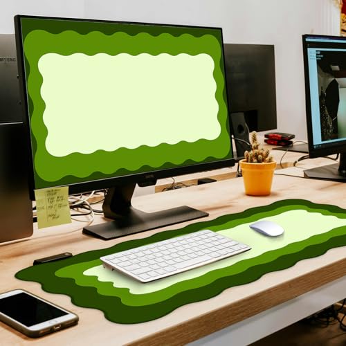 L-SPOUTTO Green Mouse Pad,Cute Scalloped Desk Mat XXL Large Gaming Mousepad | Minimalist 35.4x15.7in Non-Slip Rubber Base Keyboard Pad Waterproof Desktop Mat for Laptop Computer Game Home Office - color: Green