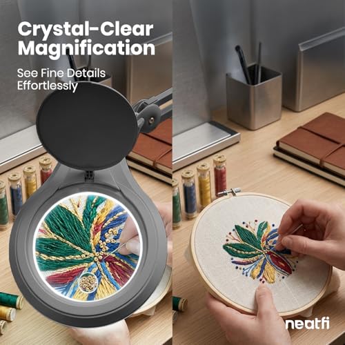Neatfi LED Bifocal Magnifying Lamp 1,200 Lumens – 5” Glass Lens, Dual Magnification 2.25X/6X, Dimmable | Adjustable Arm with Clamp | Crafting, Jewelry & Reading (5 Diopter + 20 Diopter, Silver) - color: Silver, size: 5 Diopter + 20 Diopter