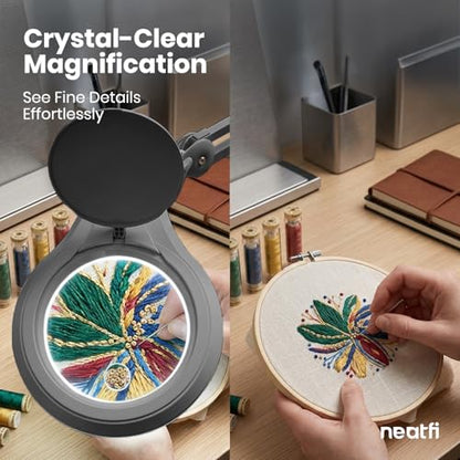 Neatfi LED Bifocal Magnifying Lamp 1,200 Lumens – 5” Glass Lens, Dual Magnification 2.25X/6X, Dimmable | Adjustable Arm with Clamp | Crafting, Jewelry & Reading (5 Diopter + 20 Diopter, Silver) - color: Silver, size: 5 Diopter + 20 Diopter