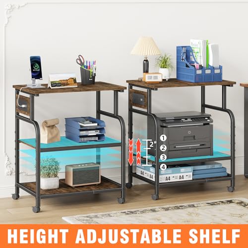 YAOHUOO 3 Tier Large Printer Stand with Power Outlet/Adjustable Shelf - color: Rustic Brown, size: 22"×15"